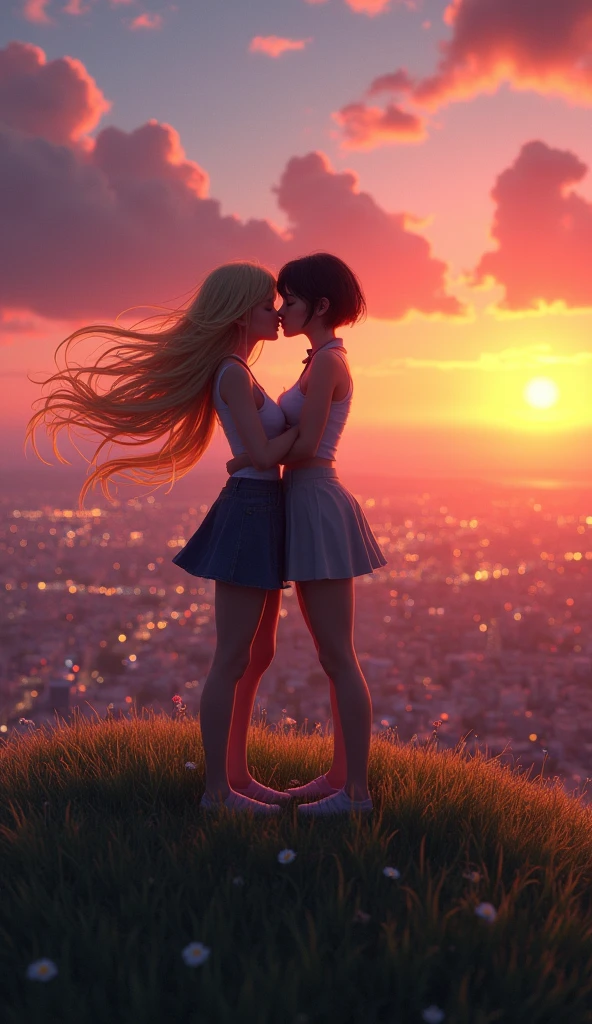  Graphics CG Digital Art, Two young women kissing, a woman with long blonde hair and a woman with short black hair, On a hill overlooking the city, sunset