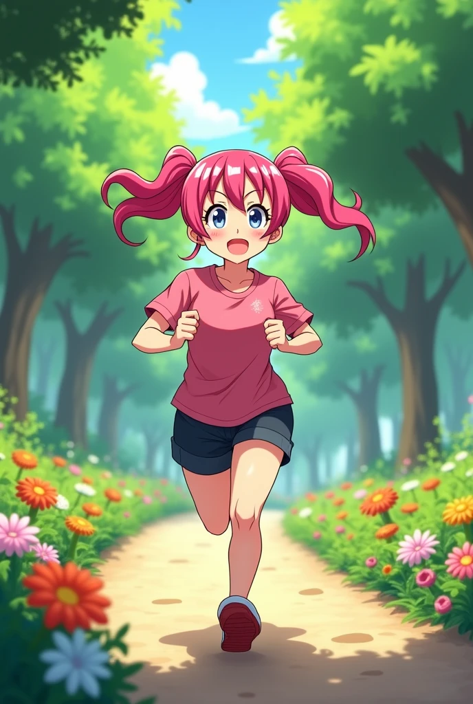 Chubby woman running in the park tired, anime styling