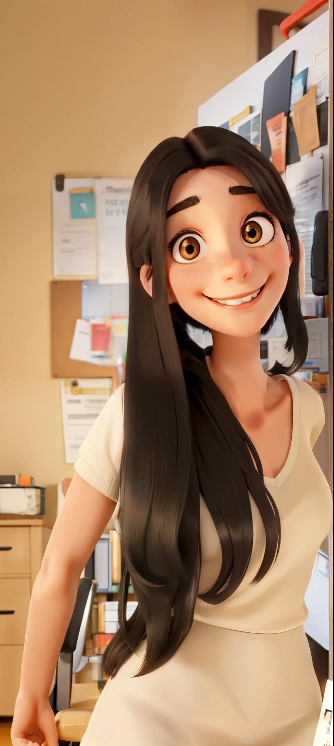 A 20 year old girl with black hair, brunette and brown eyes, with a smiling office in the background