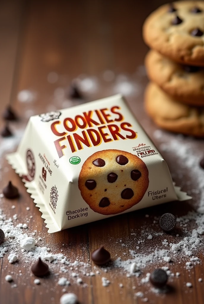 create a small package from aluminum foil material. that it has a size with a capacity of 4 cookies that the packaging has the name COOKIES FINDERS and that the packaging has illustrated dark and white chocolate chips and that it has a chocolate cookie with a top layer of white and dark chocolate chips