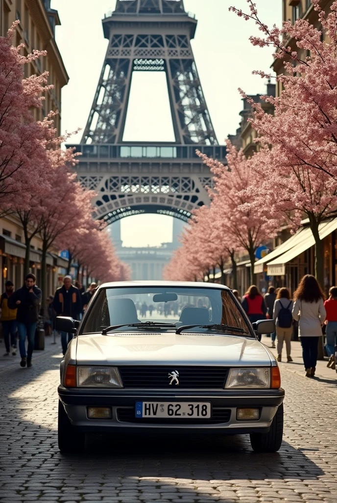 Peugeot 405 car driving under the Eiffel Tower
