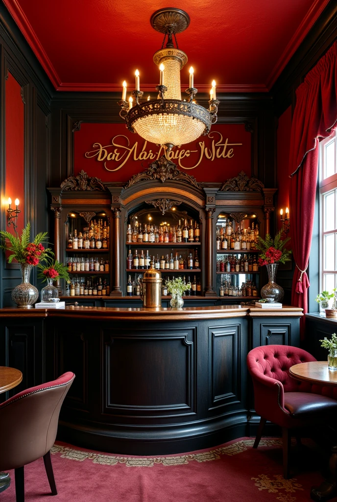 A rustic Victorian-era bar with antique red and black accents, the counter located in the middle, a large antique sideboard from the Victorian era and the name "midnight bar" in brazilian portuguese. two tables, left and right. An imperial chandelier in the center.