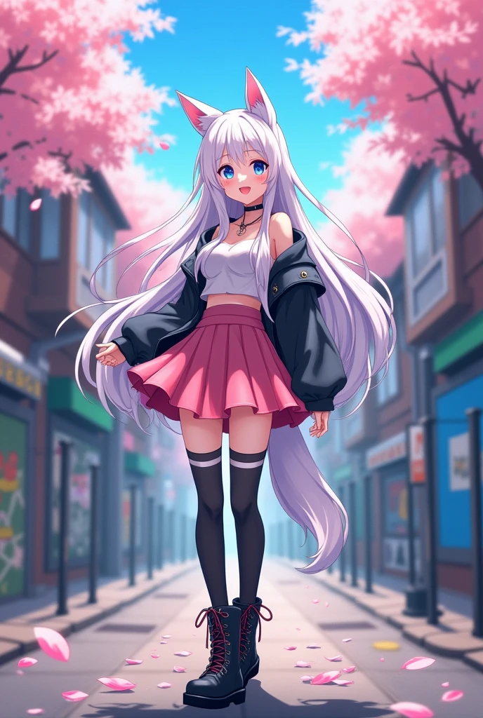 single girl, Anime Femboy, short, long white hair, wolf ears, wolf tail, blue eyes, with cute pink skirt, thigh high socks, Black combat boots, flat chest, super flat chest, Alone femboy, Alone una mujer, Wide hips, thick thighs, happy, yoga leggings, wearing cropped black hoodie, Alone, alone