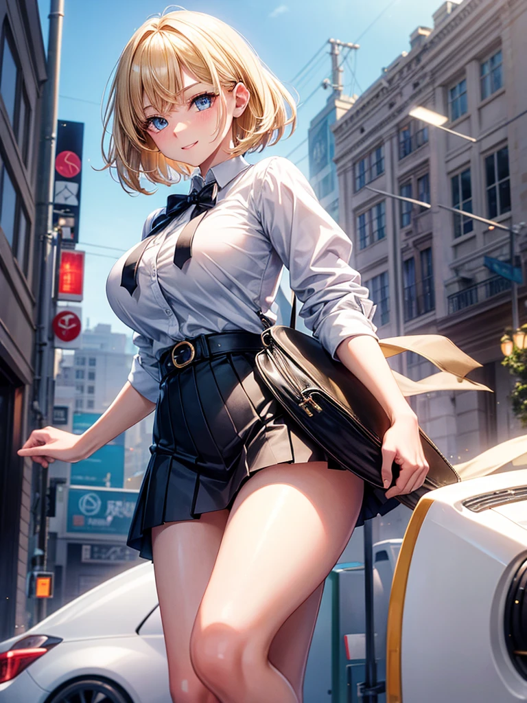 Anime style, super fine illustration, highly detailed, beautiful detailed, pale tone image, static representation, gentle expression, 8k, pretty 1girl with blonde straight short hair & blue eyes & a bright smile & full bust & soft fair skin is wearing big white business shirt not to show her skin & black tight skirt & 1business bag, on the business building street, in the morning, brilliant particles of lights, romantic stories, solo, perfect fingers, perfect arms, perfect legs, masterpiece.