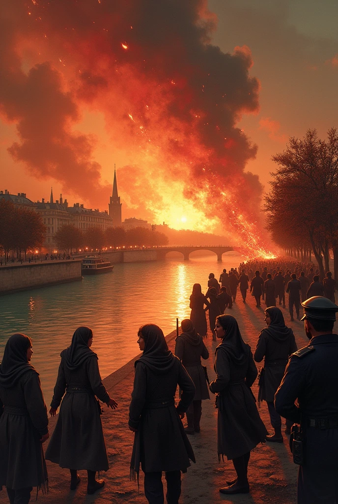 The Seine in Paris under a fiery sky with Algerian men and women being beaten by the police for their independence in the 1960s