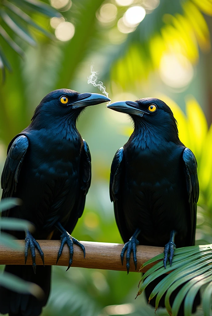 Two raven with yellow aye haging up in a palm with microphone. One of the raven is smoking
