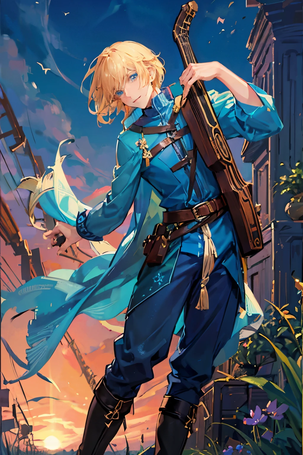 Male bard, blond, medium length tousled hair, Blue eyes, Dressed in a shirt with a large neckline, Green baggy pants, Brown boots, Cheerful face, A sheath hangs on the belt, Behind the back there is a lute, in the background there is a flower field and sunset