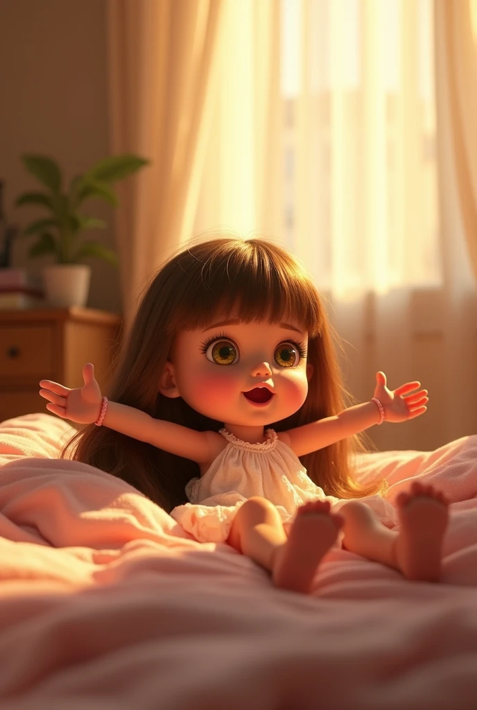 The doll lies on the bed, its eyes slowly opening as sunlight streams in through the window. The doll stretches its arms and legs, yawning. The character has long, straight, and untidy brown hair. She has soft, delicate facial features, with bright, expressive yellow eyes that reflect a serene and thoughtful expression. Her skin is fair and she is beautiful, do it in the Disney Pixar style. In 9:16 format