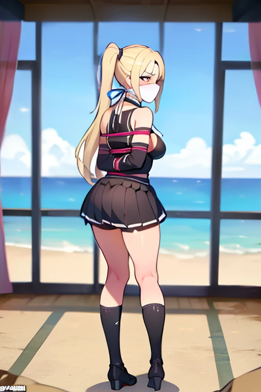 1 girl, detailed blue eyes, lange wimpern, detailed beautiful face, a Bit curly hair, curly twintails, schwarze haargummis, (very Long blonde hair:1.4), festgebunden, (arms behind back:1.6), gefesselte Arme, (blushing:1.3), (Big boobs:1.1), OTN, White OTN gag, Gag, gagged, shibari over clothes, (black skirt, White top:1.4), standing in a bedroom, big window with a beach in the Background, tied gag, nah aufnahmen