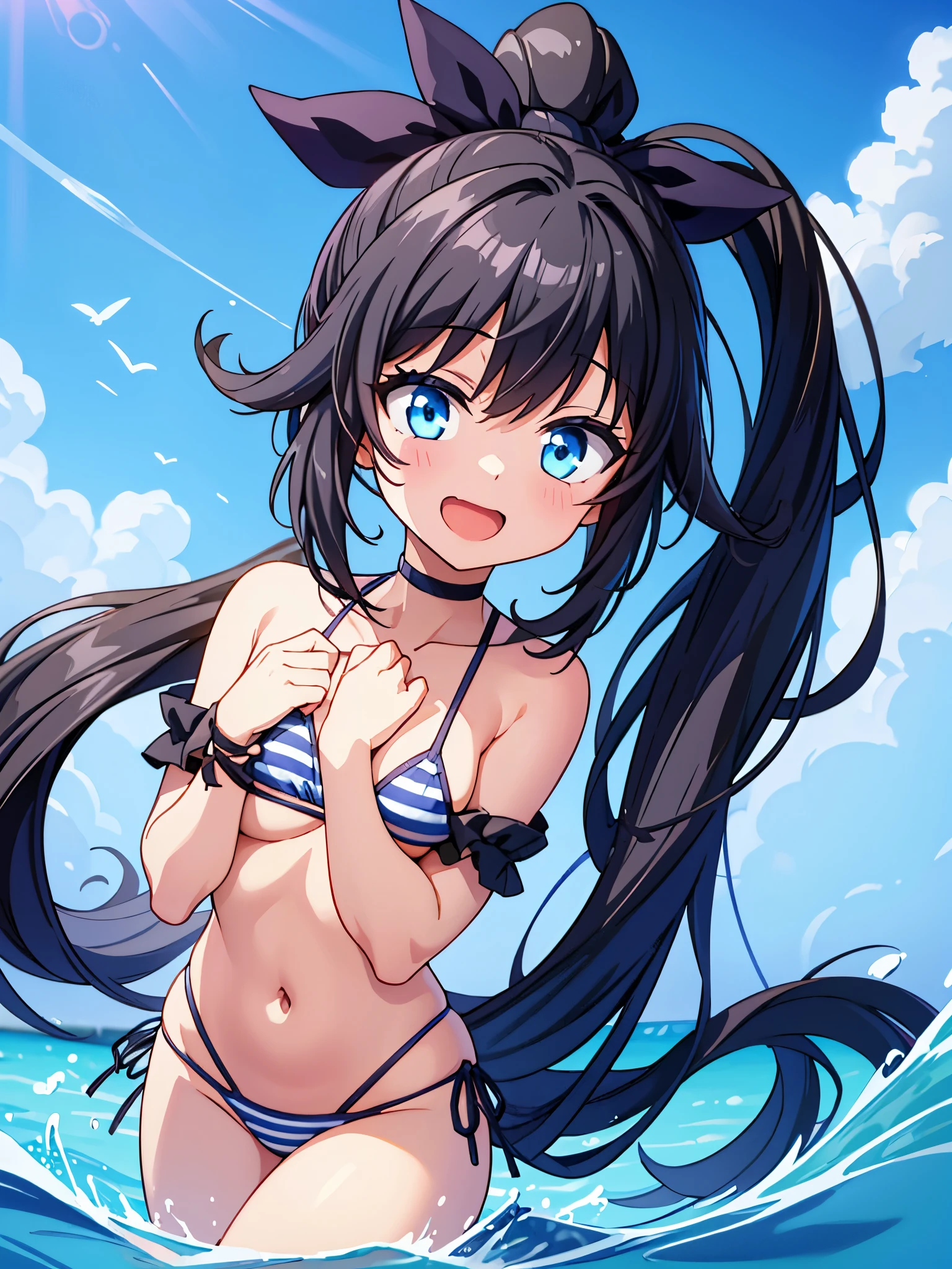 One person, Long Hair, Black Hair, ponytail, laughing, anime, ribbon, Micro Bikini,Light blue stripes,