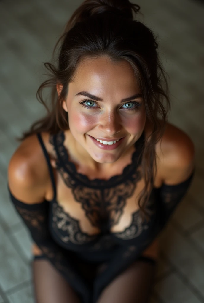 dark brown hair、pulled back ponytail、teaing smile、 she wears lingerie.、black pantyhose、Wearing black lace gloves、adult german woman、blue eyes、showing her black stockings、kneeling on the ground、her arms are behind her back、young german woman、view from above、 she has ocean blue eyes.、
