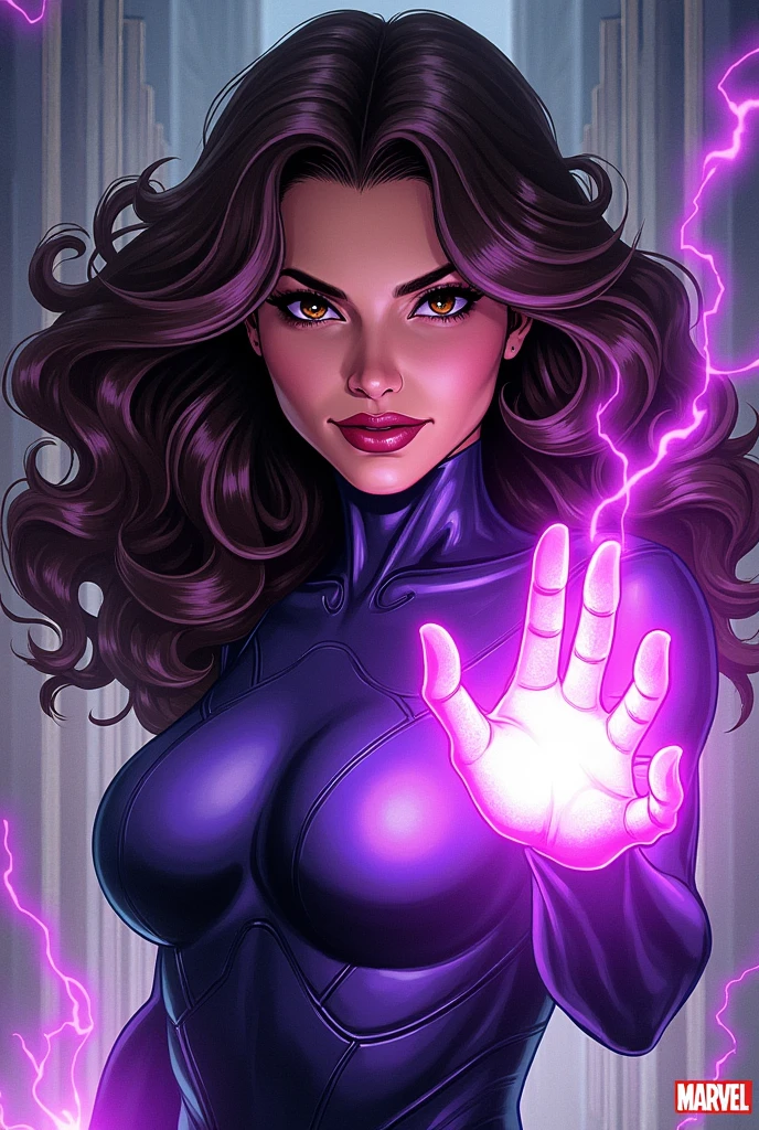 X-men comic panel superheroine with long dark brown curly hair parted in the middle, dark brown, slanted, almond-shaped eyes, purple power, Clear Skin, well-designed full lips house of the X men