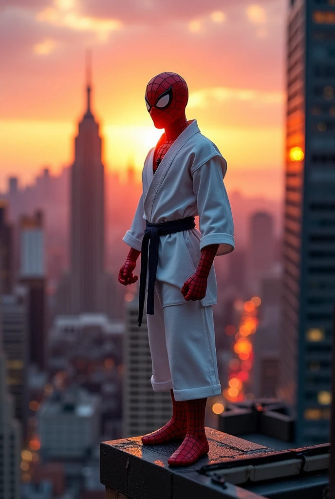 Make a mini spiderman with white dobok all over the body