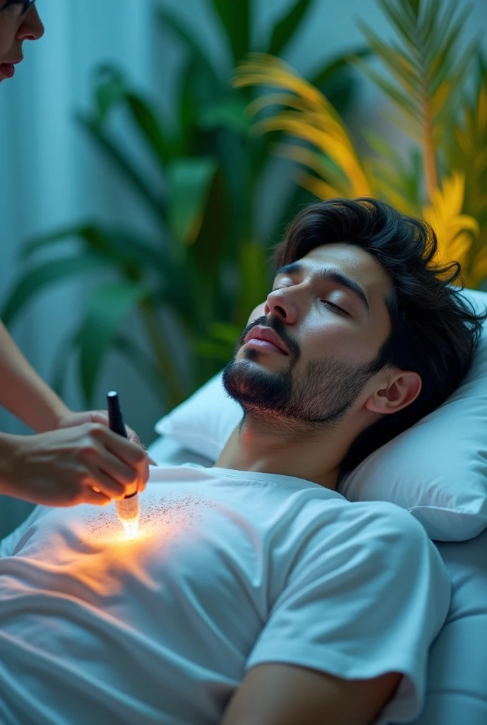man lying on stretcher, receiving therapy with a pen with a crystal on the tip