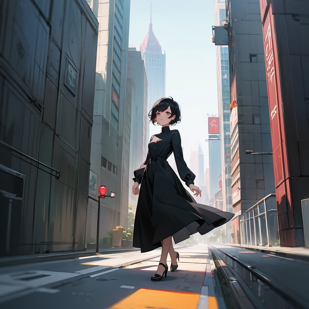 A young woman with black pixie cut hair wearing a black dress and heels walking through the city