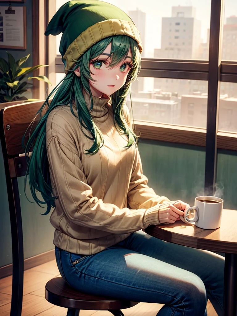 1girl, solo, Coffee shop, green hair, beanie, sweater, jeans, sitting on chair, dynamic pose, indoors,