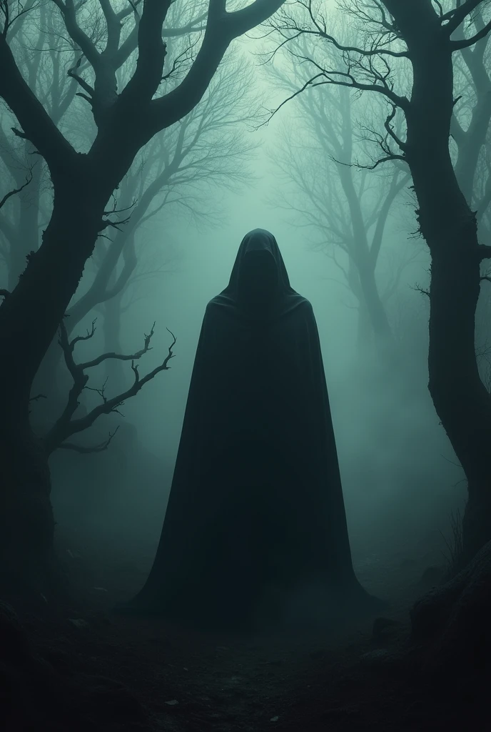man in a faceless cape in a dark and macabre place