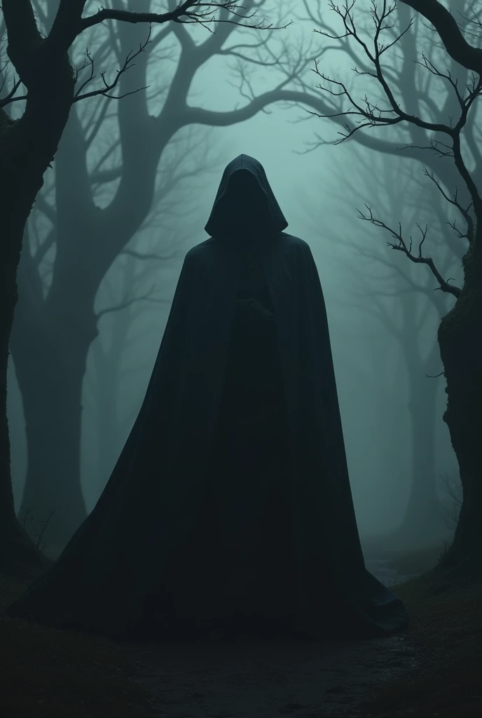 man in a faceless cape in a dark and macabre place