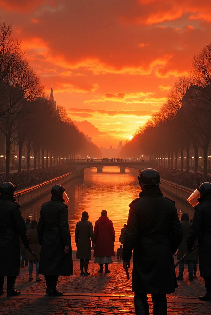 The Seine in Paris under a fiery sky with Algerian men and women being beaten by the police for their independence in the 1960s