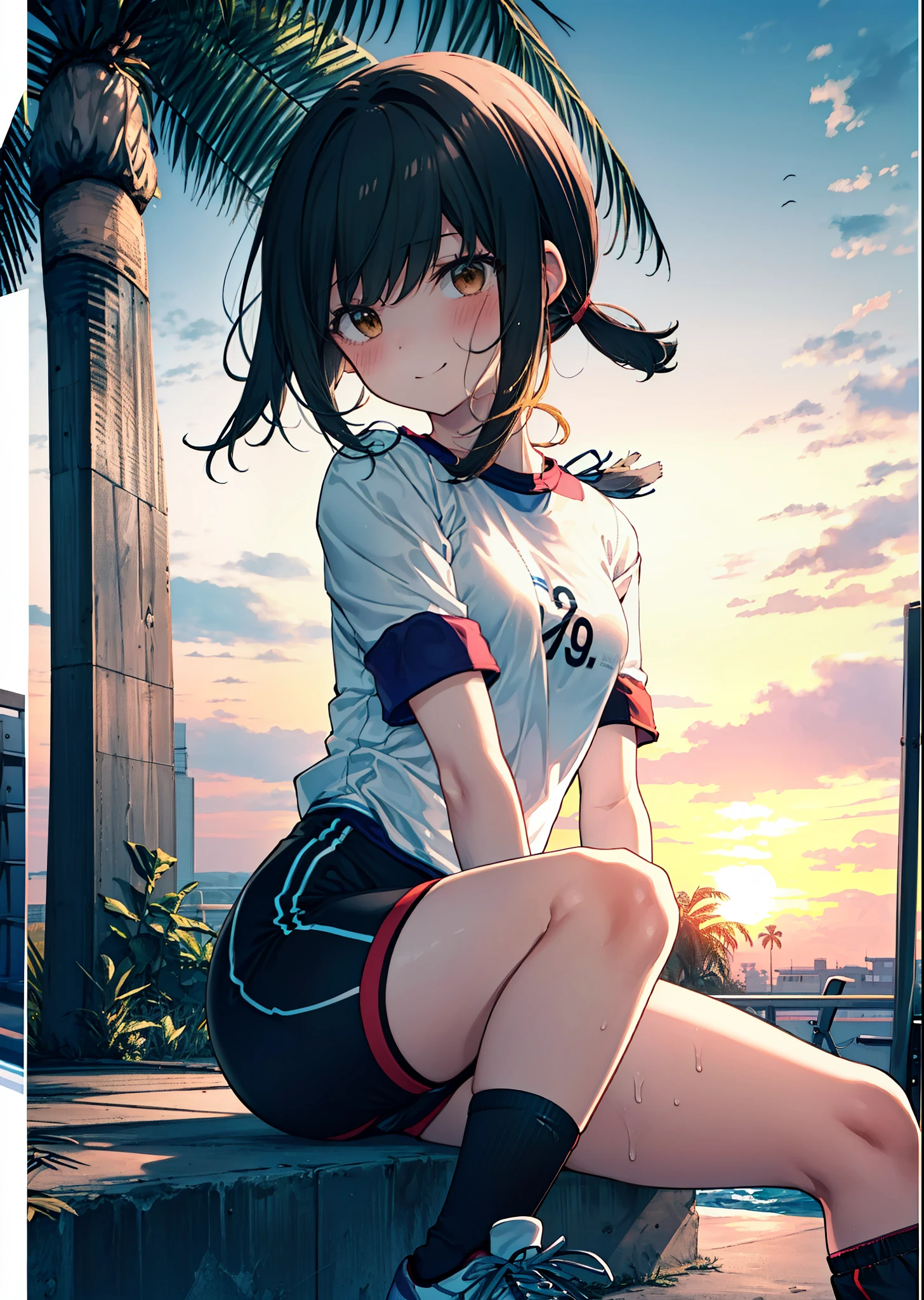 Fubuki, Sunset sky,Seaside,Orange Clouds,Check it out, (short hair:1.5), bangs, black hair, (brown eyes:1.2),(Gym clothes with short sleeves:1.5), Gymnastics, (Girl wearing gym clothes), (Girl in gym clothes), Sportswear, Blue_Shorts, White knee-high socks,sit down,sitting,White_sneakers, White_sports boots,Daytime,Clear skies,Palm tree,Walking,smile,Close your mouth,blush,whole bodyがイラストに入るように,
BREAK outdoors, tropical,Tropical,Coastal Road,
BREAK looking at viewer, whole body,
BREAK (masterpiece:1.2), Highest quality, High resolution, unity 8k wallpaper, (figure:0.8), (Beautiful attention to detail:1.6), Highly detailed face, Perfect lighting, Highly detailed CG, (Perfect hands, Perfect Anatomy),