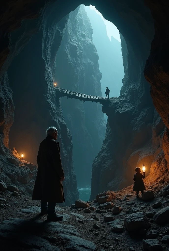 an old scientist with his back turned in a cave looking in front of him at another closed cave and a collapsed wooden bridge on the edge of a cliff . And on the other side you can see two scientists, two adults, a man and a woman.