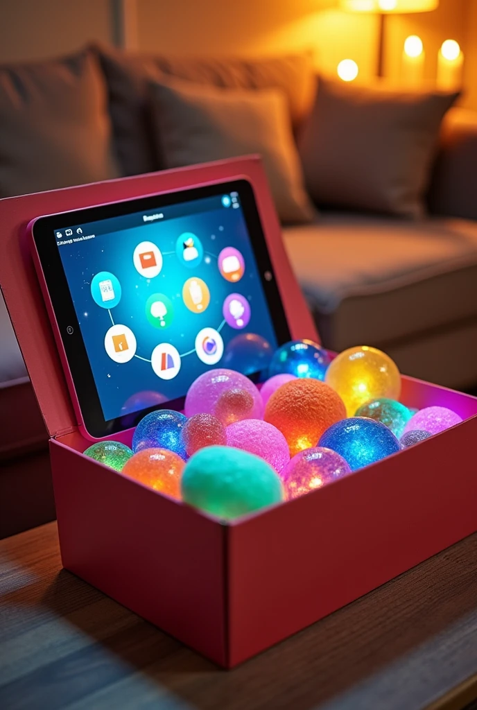 A fun box with a tablet and various sensory toys for autistic people
