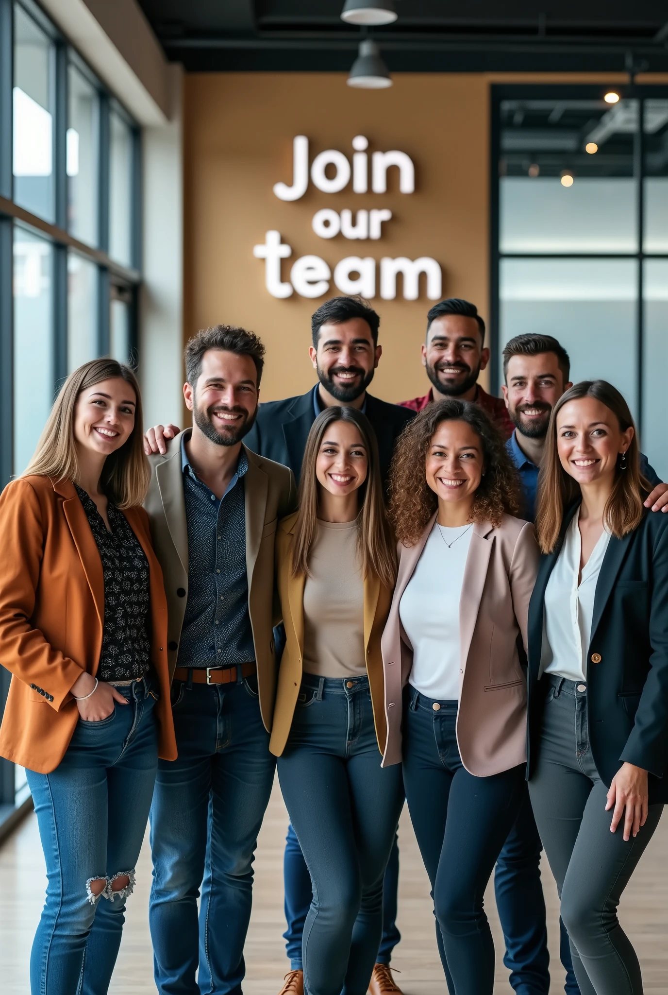 Join our team: Job Hiring Event"—an  inviting image featuring a diverse group of professionals standing together, each representing different roles within the company. The backdrop is a sleek, modern office space with the company's logo prominently displayed.