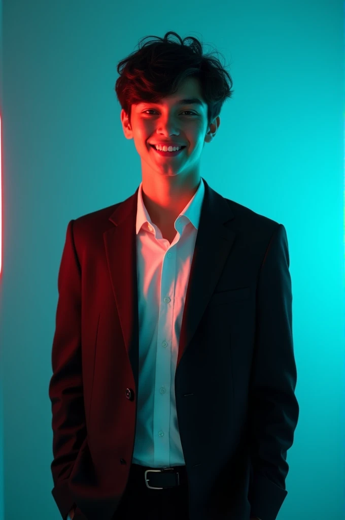 A teenage boy with brown hair a cute blushing face and cheeky smile, wearing a black suit jacket and tie, with a white undershirt. One of his eyes is cyan, the other has been torn out leaving just the socket, with some robotic wires and circuits in the eyehole. And a blue liquid leaking from the eye hole