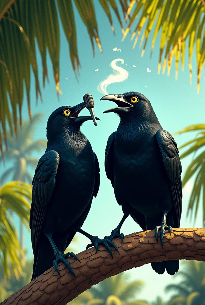 Two raven with yellow eye haging up in a palm talking with microphone. One of the raven is smoking