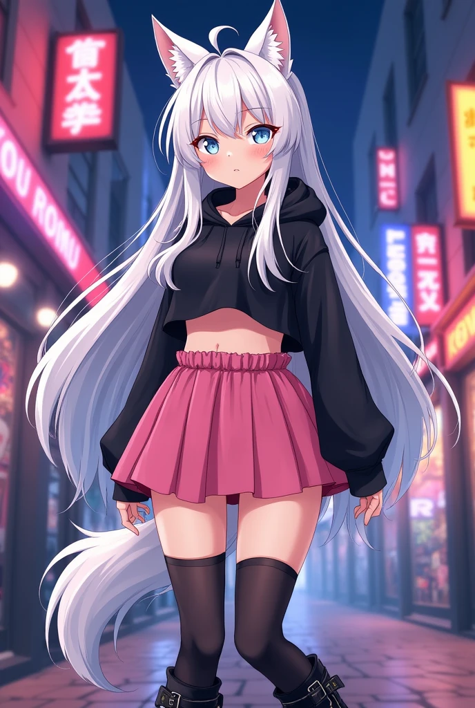 sexy, adult girl, Anime Femboy, short, long white hair, wolf ears, wolf tail, blue eyes, with cute pink skirt, thigh high socks, Black combat boots, flat chest, super flat chest, Alone femboy, Alone una mujer, Wide hips, thick thighs, happy, yoga leggings, wearing cropped black hoodie, Alone, alone, Big ass gothic