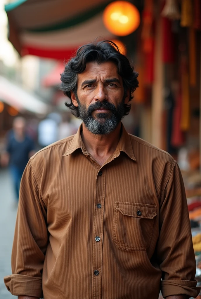 40 years old man looking like a stereotypical Arab having fine facial hair standing straight wearing a brown striped shirt he have black hair 
