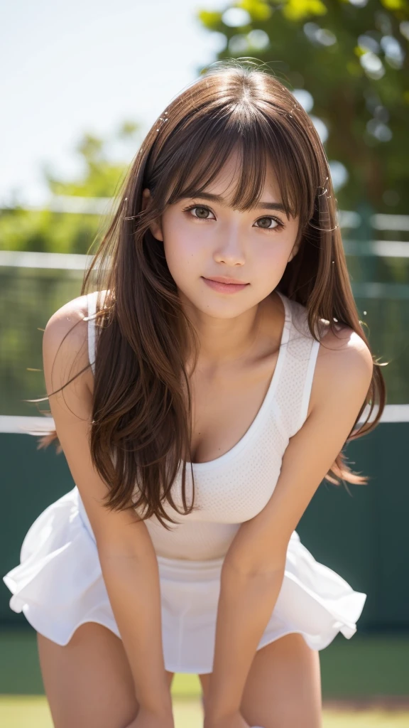 masterpiece, Highest quality, Very detailed, High resolution, (Realistic, photoRealistic:1.37), Excellent anatomy, One beautiful woman,18-year-old,tennis Club,(Knee-deep shots:1.3),Focus on skirt and thighs,A small smile,Play Tennis,Tennis Wear, (shape), Ultra short micro mini skirt, ((Very delicate and beautiful)), (Bokeh, Blurred outdoor background), Brown Hair, Long Hair, bangs,Very beautiful face, Cute type, ,Big Natural Color Lip, Big and pretty eyes, Brown eyes, Obvious double, Small and cute nose, Brown eyes, Shiny highlight spots around the eyes, Character Focus, Tilt your head, The best light, Best Shadow, mysterious, Perfect Face, Very detailed, Soft Skin, (Glowing Skin, Sweaty: 1.2)'Beautiful feet, Voluptuous thighs, Plump body, Huge breasts, (Expresses the roundness and softness of the chest area.........1), Beautiful body, (The perfect woman), Bold sexy idol pose