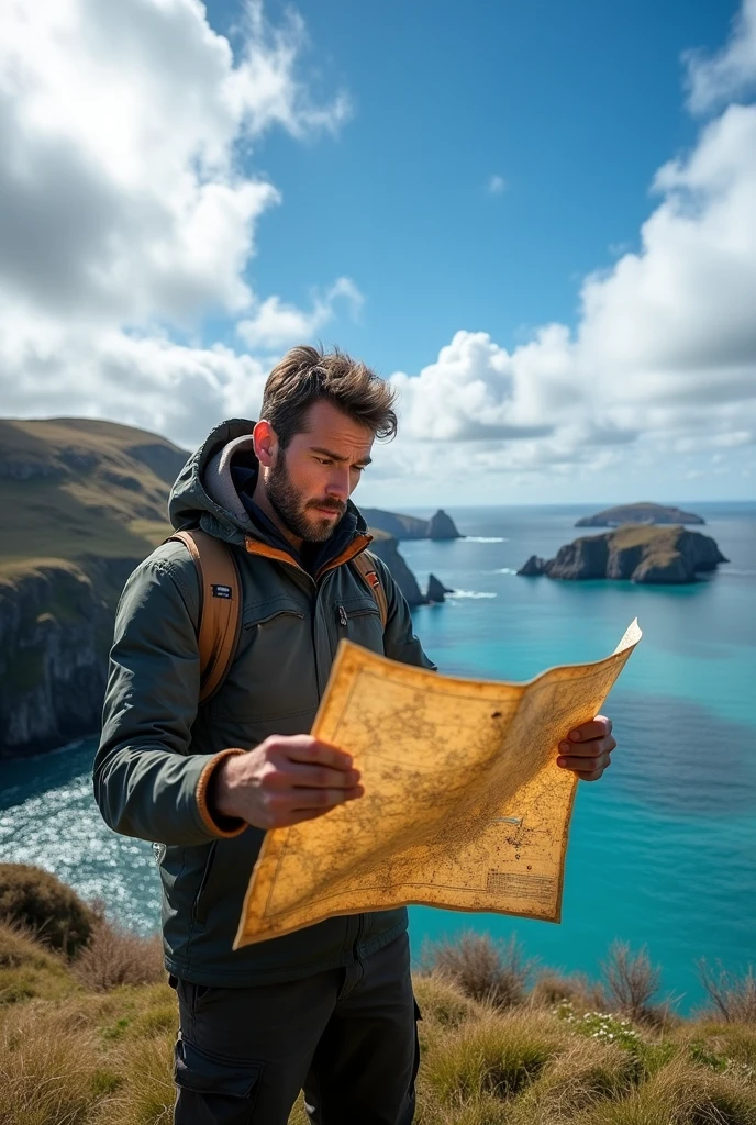 Creates a background of blue sky and a man looking at a map without understanding,was on the southwest island of south georgia