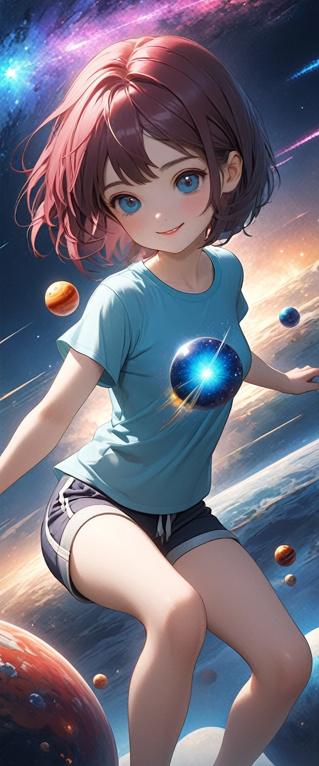 Masterpiece, high definition, 4K, 8K, anime girl, short straight hair, magenta hair, dark turquoise eyes, cute anime girl, summer shorts, short t-shirt, smiling face, ((shooting stars)), fractal art, Gwaiz , background of the outer universe, surrounded by tiny planets