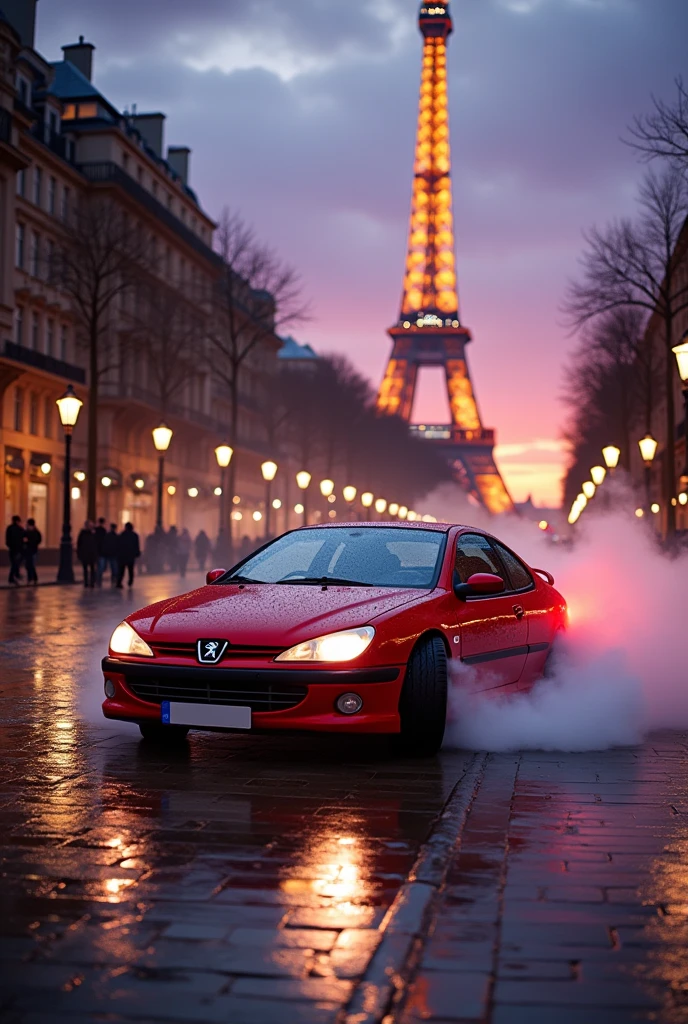 Peugeot 405 car drifting under the Eiffel Tower