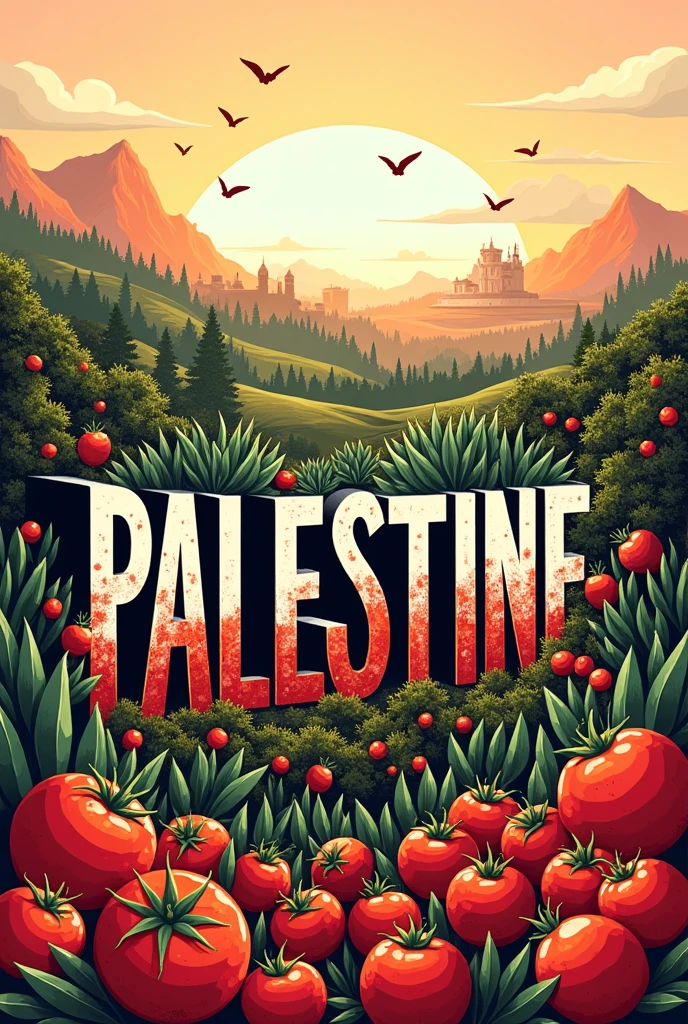 An image of the word PALESTINE in red colors, white, black and green representing olive trees, tomato, watermelons and joy.
As well as large cities 