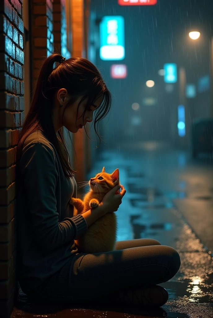 crying in a dark rainy alley with her orange kitten hugging her