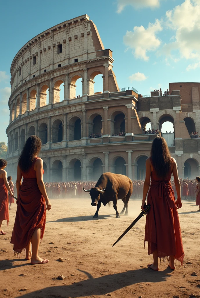 (photorealism:1.2), A long image of the Colosseum in Rome with two women from ancient Rome, The two of them as prisoners and poorly dressed about to be executed in the coliseum, A gladiator and a wild bull as his opponents