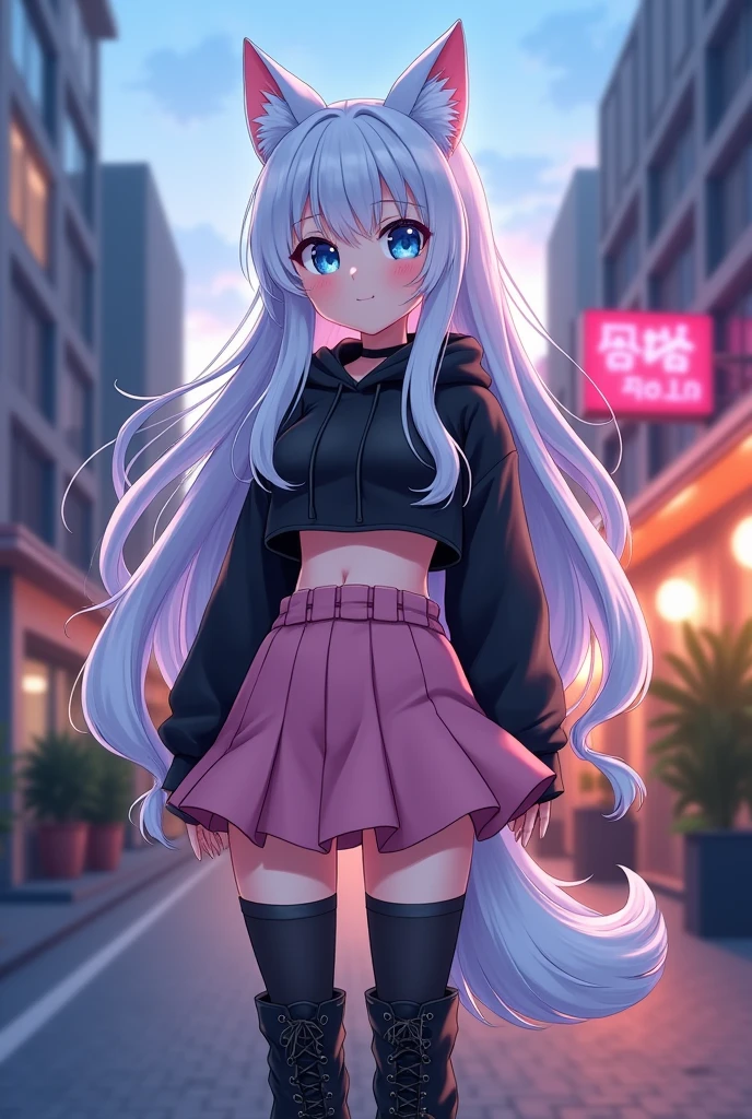 sexy, Girl, adult, anime, short, long white hair, wolf ears, wolf tail, blue eyes, with cute pink skirt, thigh high socks, Black combat boots, flat chest, super flat chest, Alone femboy, Alone una mujer, Wide hips, thick thighs, happy, yoga leggings, wearing cropped black hoodie, Alone, alone, Big ass gothic