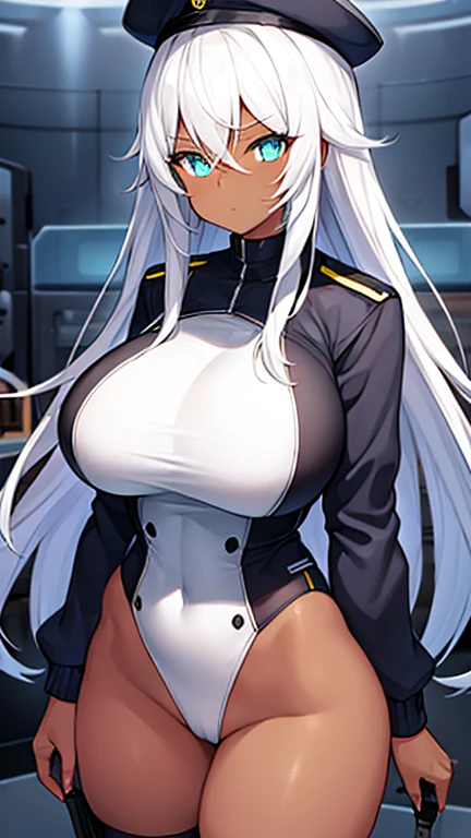 1girl, dark skin, dark-skinned female, police uniform, police, leotard, black leotard, white hair, long hair, blue eyes, police hat, huge breasts, wide hips, thick thighs, policewoman, futuristic, neon trim, science-fiction, machinery, tech, blue trim, glowing eyes, toned female, toned, cute face, milf, adult female, neon
