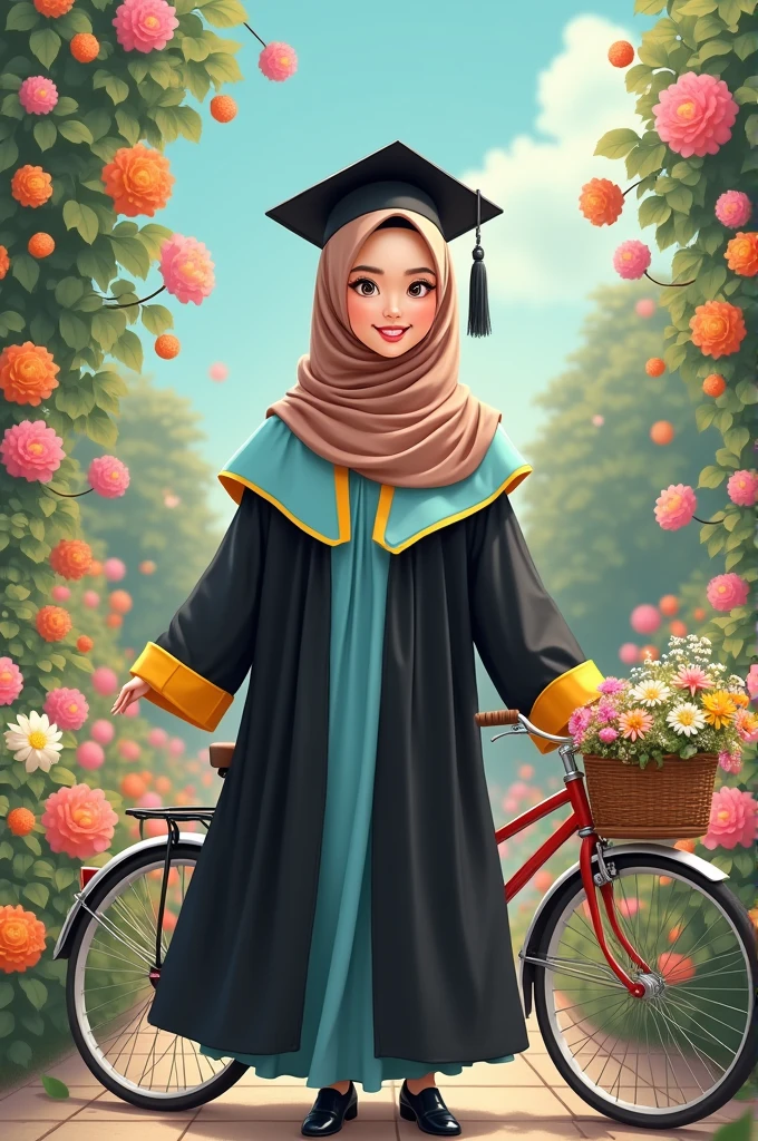 Realistic Karikatur, A women wearing hijab,  pastel brown color hijab, wearing black graduation hat, wearing pastel blue graduation hood with yellow color on the edge, wearing black graduation gown, Long graduation gown that covers the ankles, wearing black shoes, , flower garden background ,  Bicycle background with flower basket , kawaii theme designs, kawaii poses