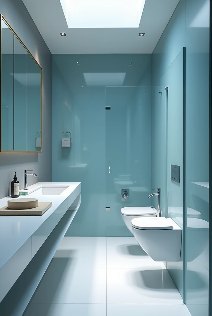 An elegantly designed home bathroom , with a minimalist style. The focus is on cleanliness and simplicity of the space. This description is for a photograph that captures the sleek, modern aesthetic of the bathroom.. The image shows the flawless surfaces, elegant lines, and thoughtful design elements that elevate the mundane space into a sophisticated oasis. Lighting highlights every detail, creating a sense of elegance and refinement that sets it apart from typical home bathrooms. the color of the wall in the background is blue, portrays all sophistication and calm.