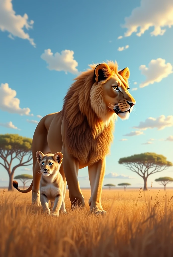 Generate an ultra realistic 8k full hd image of a beautiful and strong female lioness protecting a beautiful and delicate cub