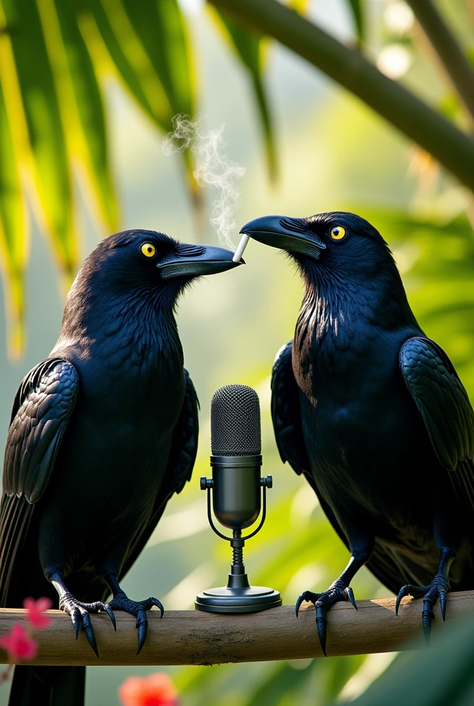 Two raven with yellow eye  haging up in a palm talking with podcast microphone. One of the raven is smoking
