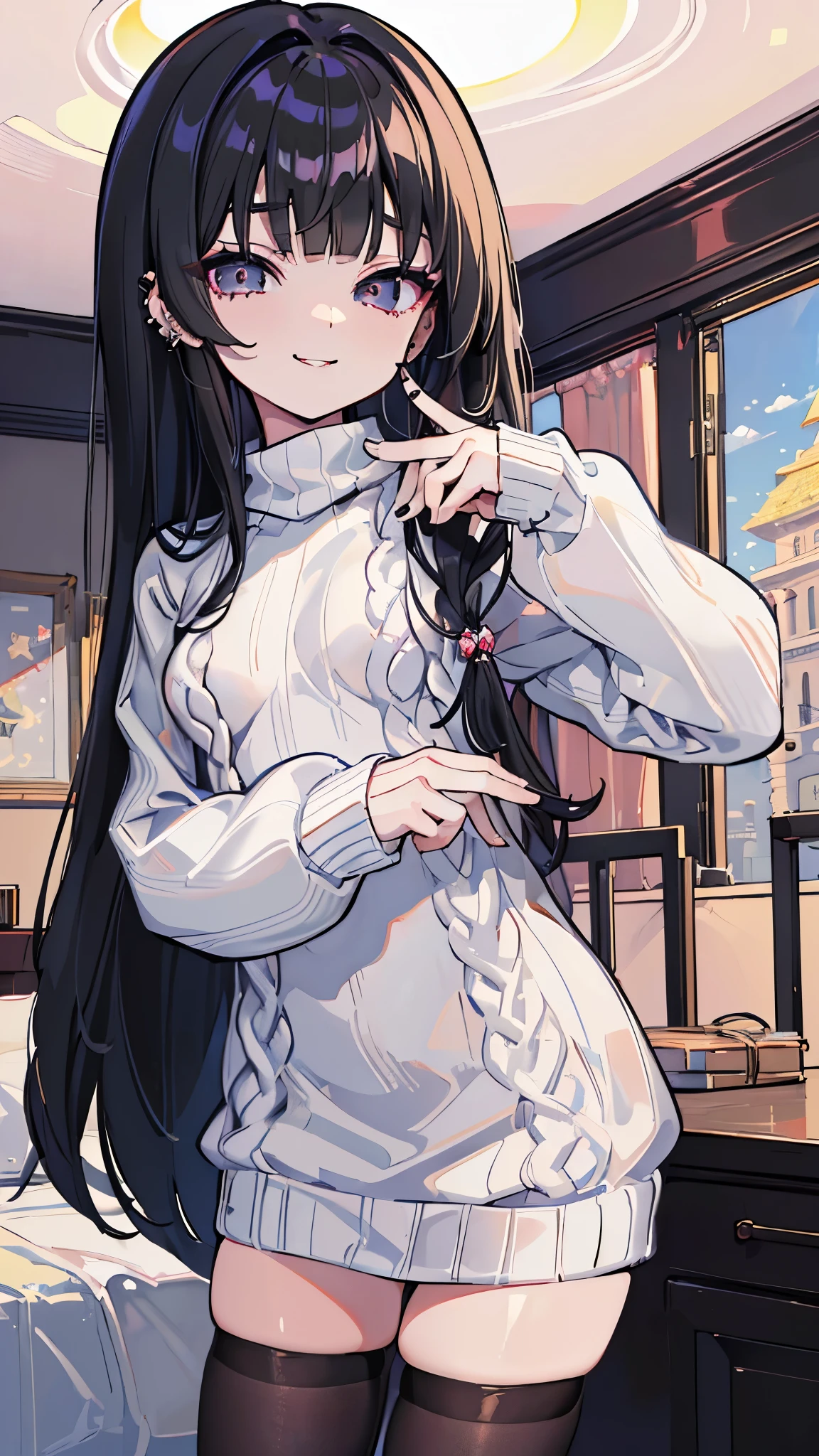 ((masterpiece、Highest quality、Very detailed))、One person、Black Hair、Long Hair、Wavy Hair、blunt bangs、Grey Eyes、evil smile、((lots of piercing))、((Small breasts))、((white sweater))、((black panty hose))、wariza、Cowboy Shot、Bedroom Background