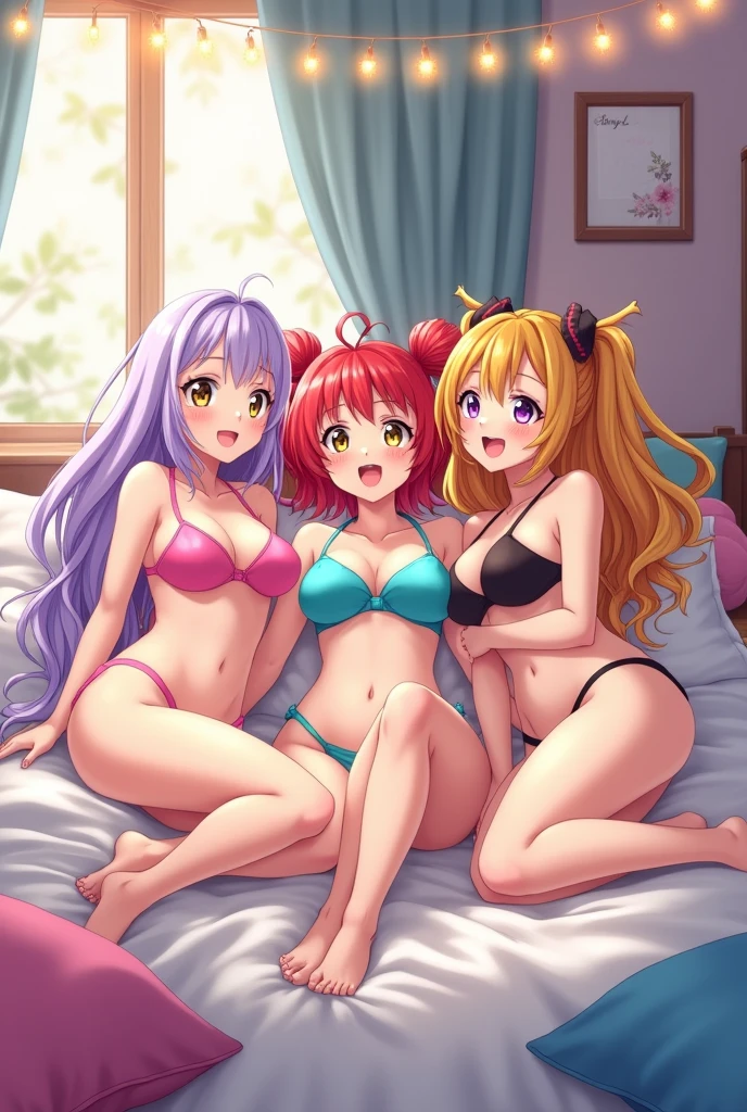 three anime women in bikini posing in the bed with big tits and huge ass