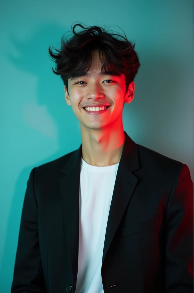 A teenager boy with dark hair and a confident smile. He is dressed in a black blazer over a white shirt. The man is positioned against aqua colour backdrop with a subtle red lighting on the left side. and he posing for Linkedin profile