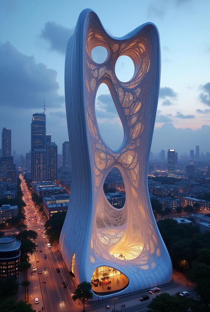 "Design a futuristic building in the shape of a huntsman spider’s web, located in the heart of a first-world country's city center. The structure should embody the fluid and organic architectural style typical of Zaha Hadid, with sweeping curves, asymmetry, and bold, sculptural elements. The web-like form should integrate seamlessly with the urban landscape, creating a dramatic visual impact. The image should capture a cinematic and dramatic perspective, with sharp contrasts in lighting that highlight the intricate details of the building's design, as if it’s illuminated by the glow of city lights at dusk. The building should look both grand and eerie, with the complexity and elegance of the web pattern clearly visible.