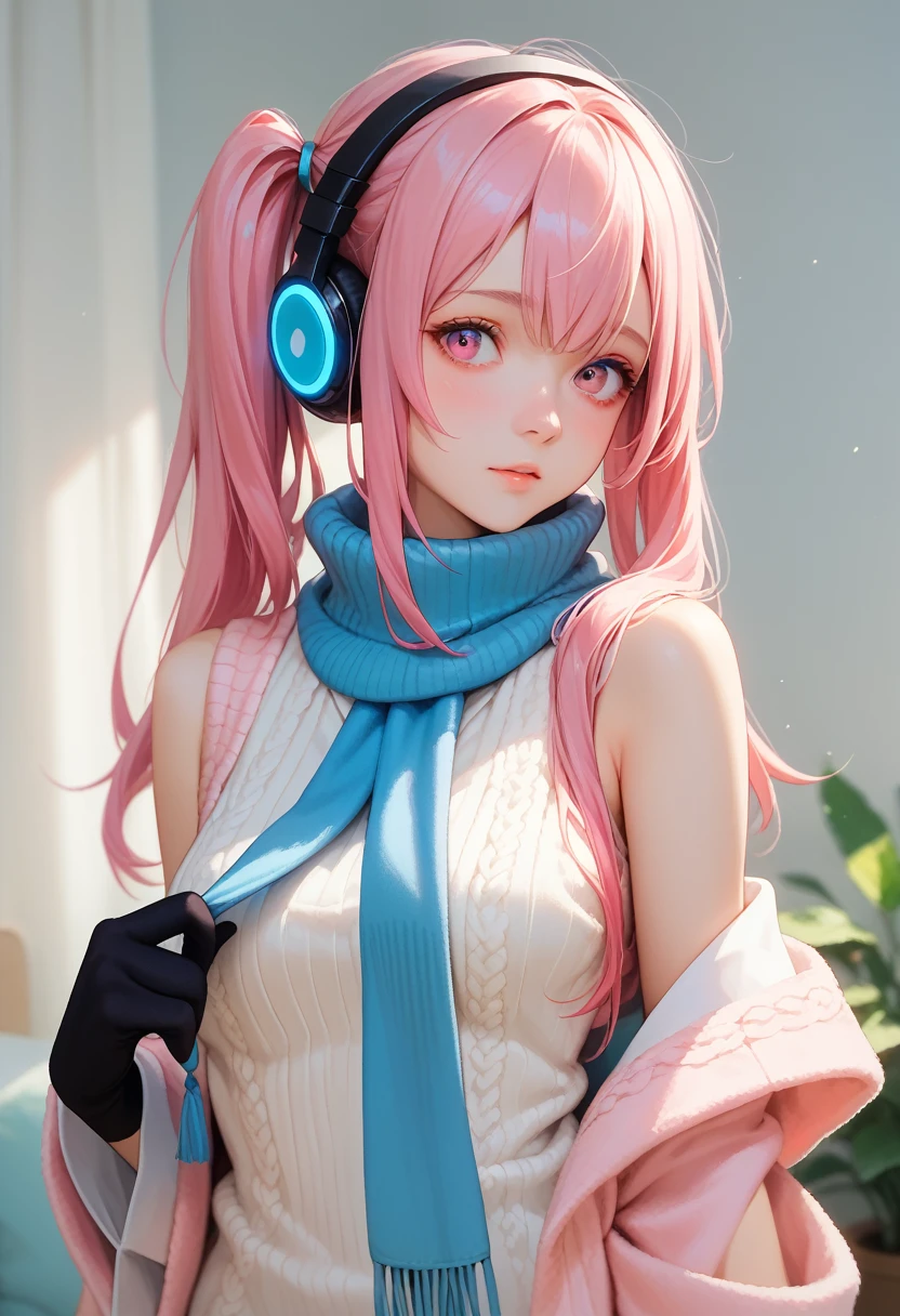 ppprdf, Pink eyes, pink hair, long hair, side locks, side ponytail, headphones, breasts, blue scarf, white vest, Sleeveless, blanc sweater, turtleneck sweater, ribbed sweater, robe pull, Two-tone gloves,9,score_8_up,score_7_up,head of&#39;artwork,Best quality,perfect anatomy,very aesthetic,official art,8k,bright_skin,fair_skin,blanc_skin, Walking down the street with a smile, skull
