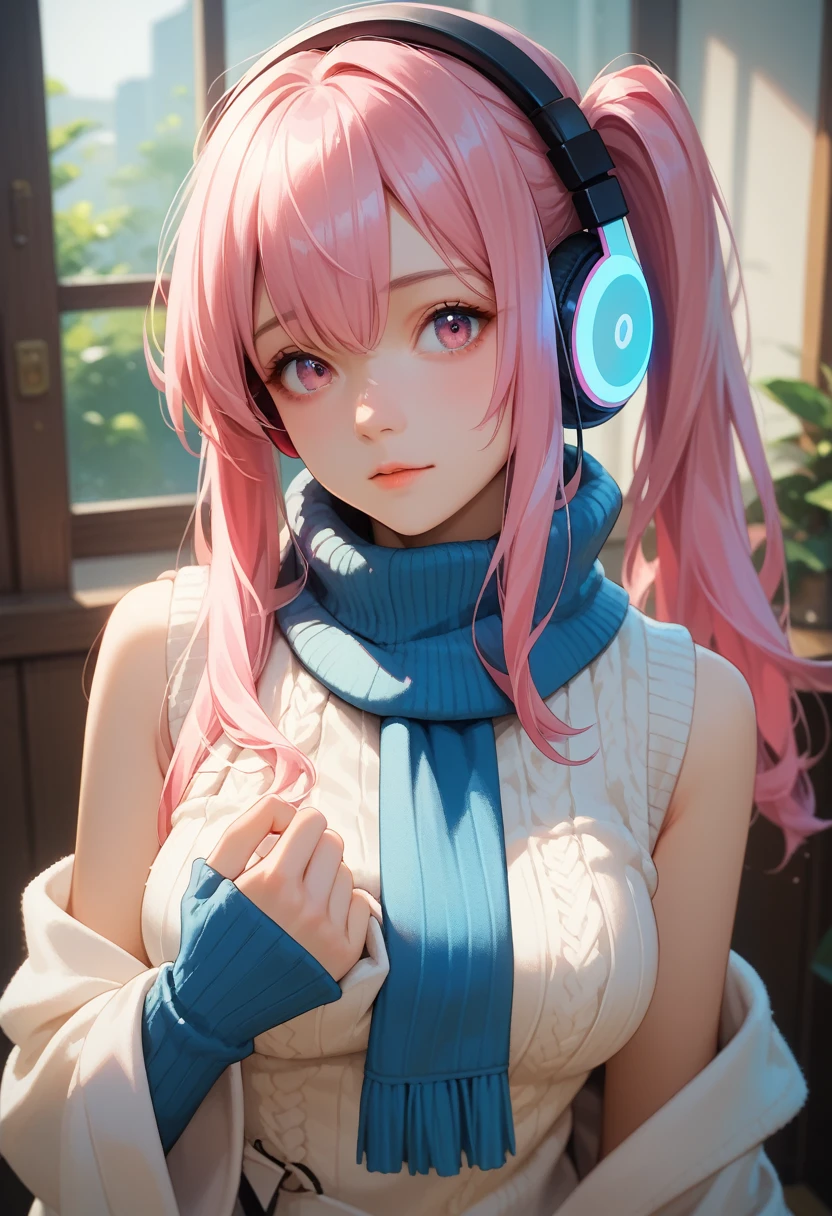 ppprdf, Pink eyes, pink hair, long hair, side locks, side ponytail, headphones, breasts, blue scarf, white vest, Sleeveless, blanc sweater, turtleneck sweater, ribbed sweater, robe pull, Two-tone gloves,9,score_8_up,score_7_up,head of&#39;artwork,Best quality,perfect anatomy,very aesthetic,official art,8k,bright_skin,fair_skin,blanc_skin, Walking down the street with a smile, skull
